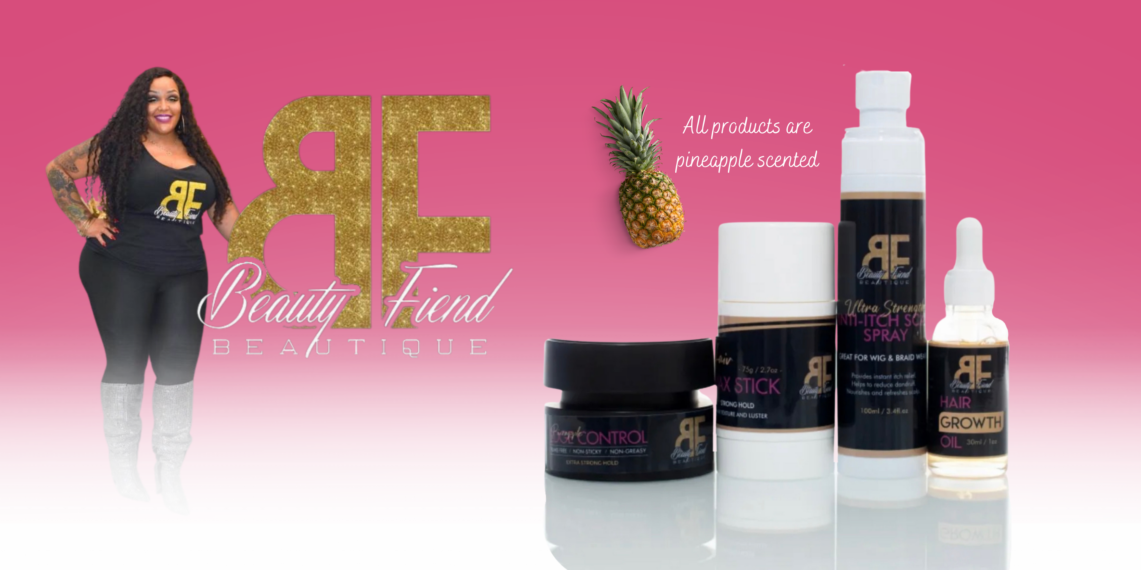 Image of website banner with owner and hair products bundle.