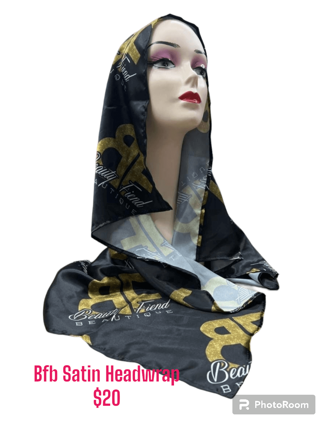 Image of Satin Headwrap (large) with logo on display.