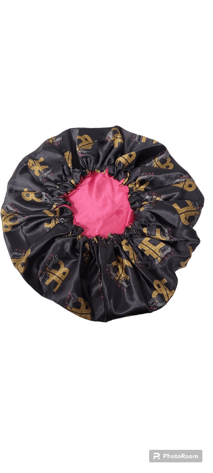 Image of back of Satin Bonnet with Logo (Pink)